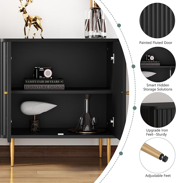 HLR Sideboard Buffet Cabinet with Fluted Texture, Black Accent Cabinet with 2 Doors, Modern Credenza Storage for Kitchen Living Room, Entryway (Black, 1Piece)