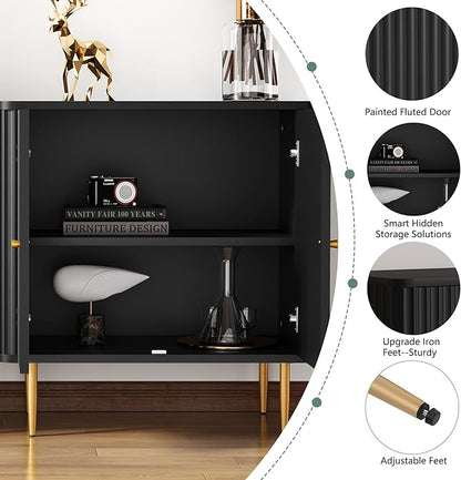 HLR Sideboard Buffet Cabinet with Fluted Texture, Black Accent Cabinet with 2 Doors, Modern Credenza Storage for Kitchen Living Room, Entryway (Black, 1Piece)