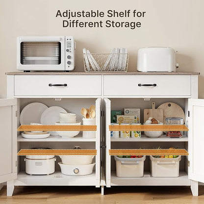 Gizoon 55" Buffet Cabinet, Sideboard Buffet Cabinet with Storage, Modern Coffee Bar with 2 Drawers and 4 Doors, Kitchen Pantry Storage, Wood Kitchen Sideboard Table, Adjustable Shelf, White/Grey