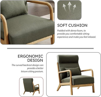 Accent Chair Mid Century Modern Chair Linen Fabric Living Room Chairs with Solid Wood Frame Comfy Upholstered and Lumbar Pillow Reading Side Chair Easy Assembly for Bedroom (1, Green)