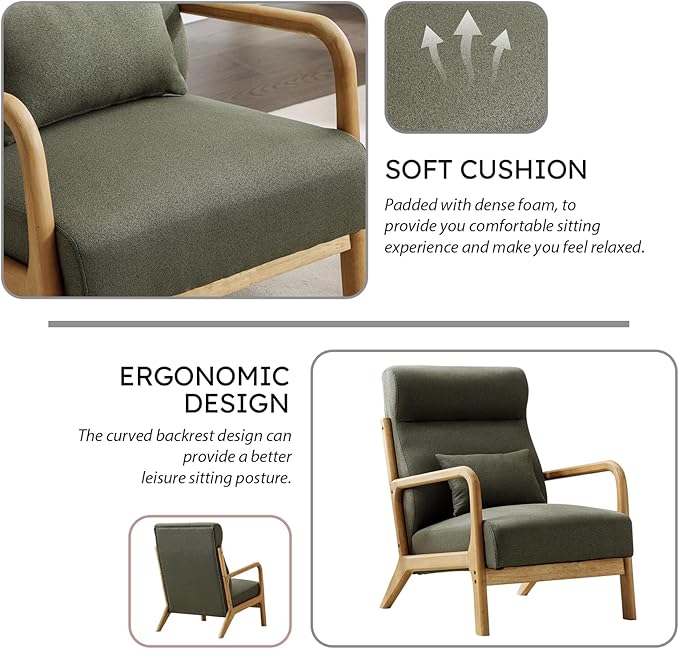 Accent Chair Mid Century Modern Chair Linen Fabric Living Room Chairs with Solid Wood Frame Comfy Upholstered and Lumbar Pillow Reading Side Chair Easy Assembly for Bedroom (2, Green)