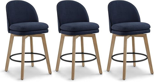 Counter Height Barstools 26 inch Upholstered Swivel Bar Stools with Back and Wood Legs for Kitchen Island,Set of 3,Blue Fabric-Armless