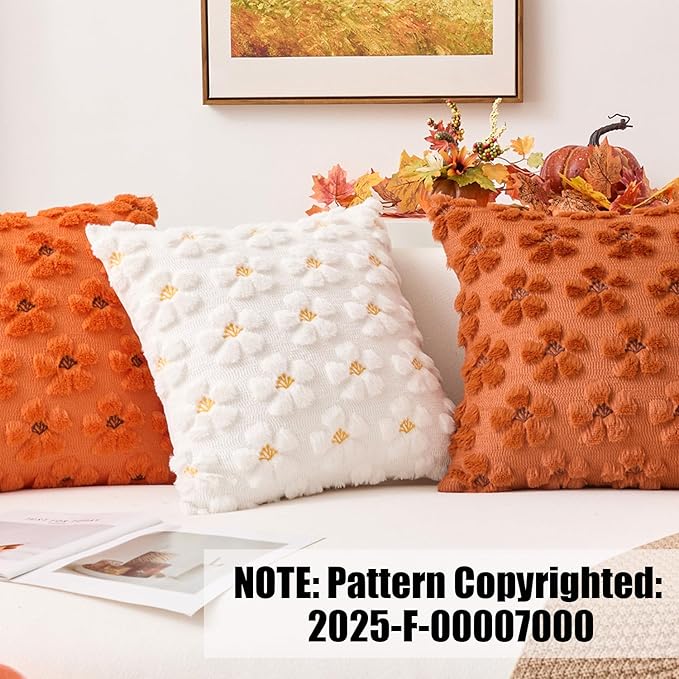 Kevin Textile Fall Floral Pillow Covers 18x18 Inch Set of 2 Cute Flowers Embroidery Decor Soft Plush Faux Fur Throw Pillows Pillowcases for Holiday Harvest Decor Sofa Couch Bedroom, Cream White
