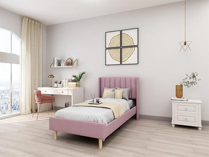 Low Profile Upholstered Platform Bed,Twin Beds with Pink(Velvet)