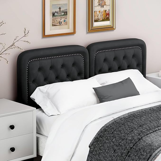 Tufted Upholstered Headboard Queen Size, Button Adjustable Height Queen Head Board Only, Sturdy and Durable Solid Wood with Nailhead Trim Headboards, Ideal for Bedroom, Dorm, Guest Room,Black
