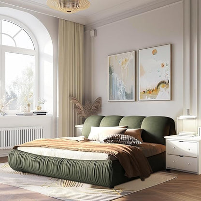 Queen Size Upholstered Platform Bed with Oversized Padded Backrest and Solid Wood Frame for Bedroom, Apartment Room, Green