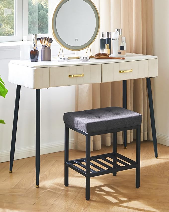 IBUYKE Rectangular Makeup Stool with Adjustable Feet and Storage Space, Footrest Chair, Linen Seat Vanity Stool, Multi-Use as Small Side Table or Ottoman, for Bedroom, Dark Gray WBD017G