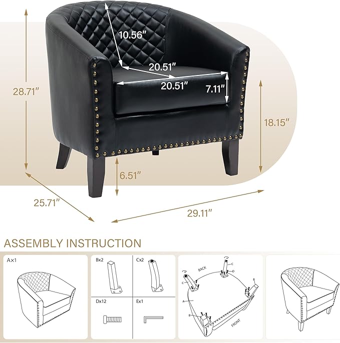 Pia Ricco Faux Leather Barrel Chairs Set of 2, Modern Comfy Accent Chairs, Upholstered Armchair Club Chairs with Nailhead Trim, Single Sofa Barrel Chair for Living Room Reading Room, Black