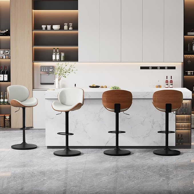 Furniliving Adjustable Bar Stools Set of 2, Swivel Bentwood Barstools Counter Height Bar Stools, Ergonomic Modern Bar Stools with Back Upholstered Barstools for Dining Room, Kitchen, Bar, White, PU