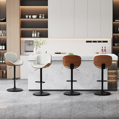 Furniliving Adjustable Bar Stools Set of 2, Swivel Bentwood Barstools Counter Height Bar Stools, Ergonomic Modern Bar Stools with Back Upholstered Barstools for Dining Room, Kitchen, Bar, White, PU