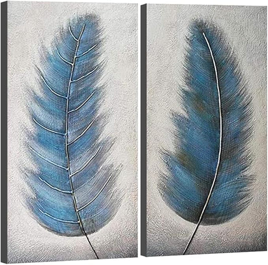 Wieco Art Blue Feathers Abstract Paintings Wall Art on Canvas Mordern Canvas Wall Art for Living Room Bedroom Wall Decor Contemporary Artwork for Home Decorations