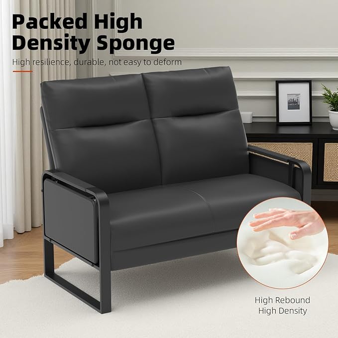 Faux Leather Loveseat, Upholstered Loveseat with Side Tray Table & Storage Pocket, Small Loveseat for Living Room, Modern 2 Seater Sofa Couch for Small Spaces, Bedroom, Black