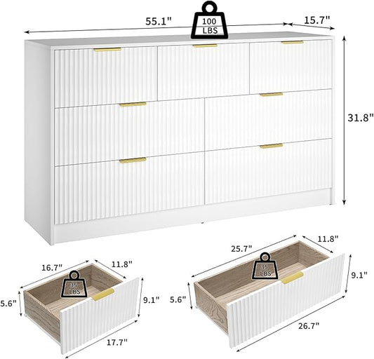 White 7 Drawer Dresser for Bedroom, 55” Wide Fluted Dresser with Gold Handles, Modern Chest of Drawer for Bedroom, Closet, Living Room, Entryway, Hallway, White