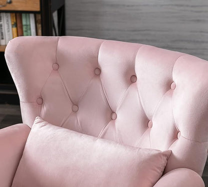 Mid Century Modern Accent Chair Upholstered Armchair Comfy Velvet Fabric Single Sofa with Tufted Wingback for Small Spaces Bedroom Living Room, Pink