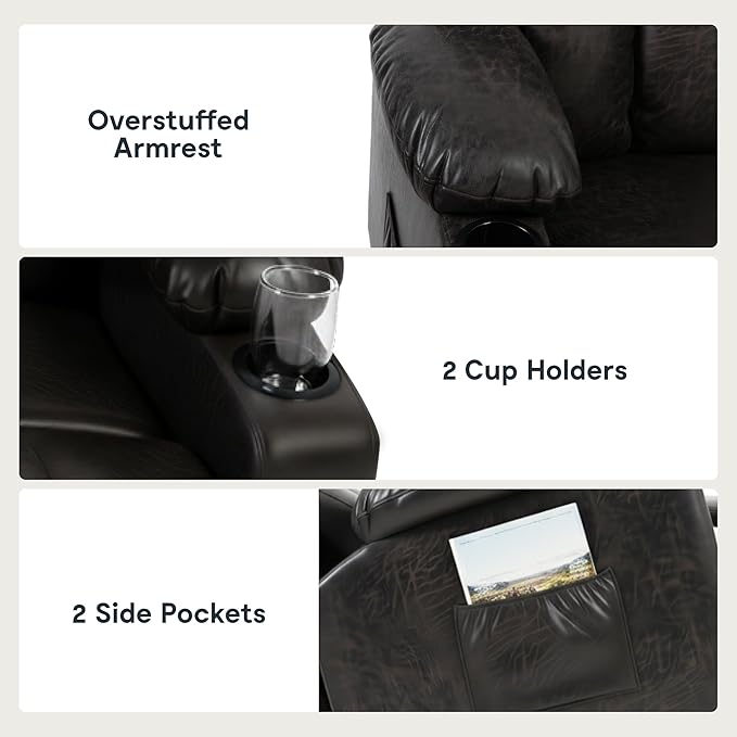 FLEXISPOT XL31-L Power Lift Recliner Chair for Elderly, Electric Lift Chair with Massage & Heat, PU Leather Reclining Sofa with Cup Holders, Side Pockets for Living Room Bedroom(Large Size, Charcoal)