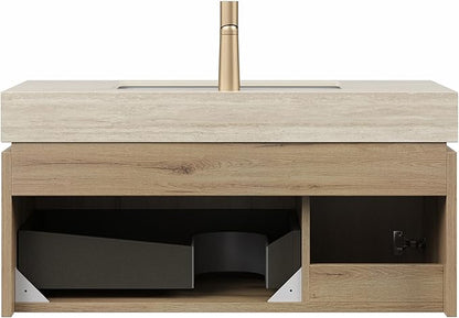 Bathroom Vanity with Sink 36 Inch, Floating Bathroom Vanity Sink Cabinet with Drawer and Door, Undermount Sink & Travertine-Pattern Sintered Stone Top, Pre-Assembled, White Oak