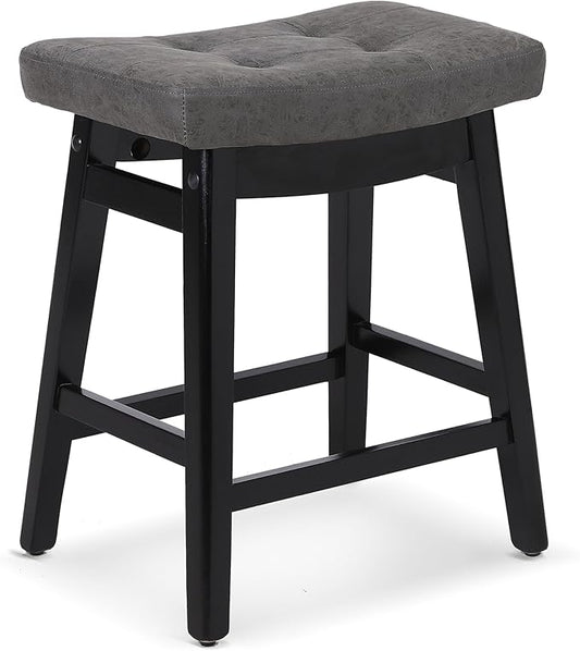 Counter Height Bar Stool Kitchen Counter Modern Backless Barstool with Upholstered Faux Leather Seat and Solid Wood Leg Farmhouse 24 inch Bar Chair, Grey + Black, 1pc