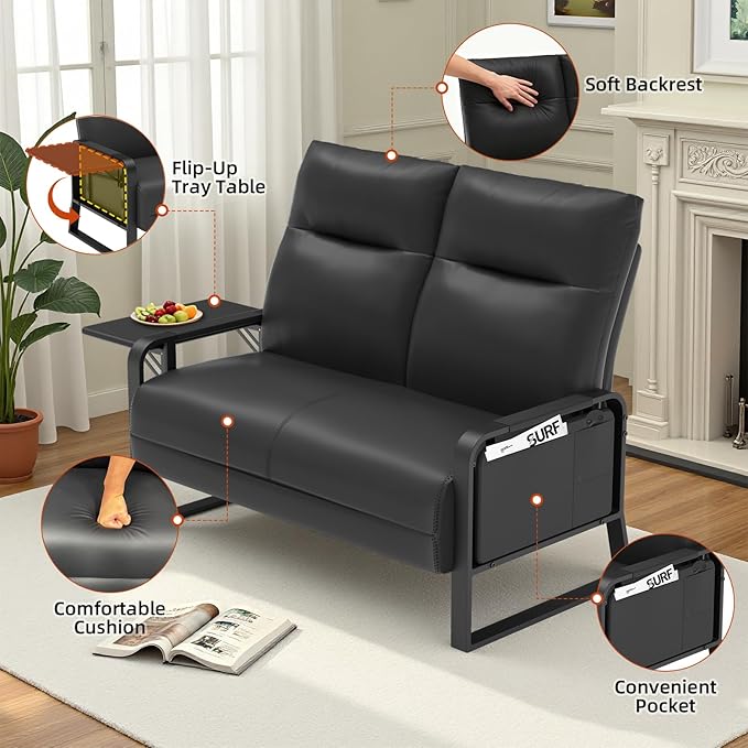 Faux Leather Sectional Couches for Living Room 3 Piece Loveseat and Chair Set with Flip Up Tray Tables Side Pockets Modern Modular Sectional Sofa for Office (2-Seat+1-Seat+1-Seat, Black)