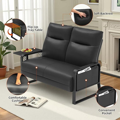 Faux Leather Sectional Couches for Living Room 3 Piece Loveseat and Chair Set with Flip Up Tray Tables Side Pockets Modern Modular Sectional Sofa for Office (2-Seat+1-Seat+1-Seat, Black)