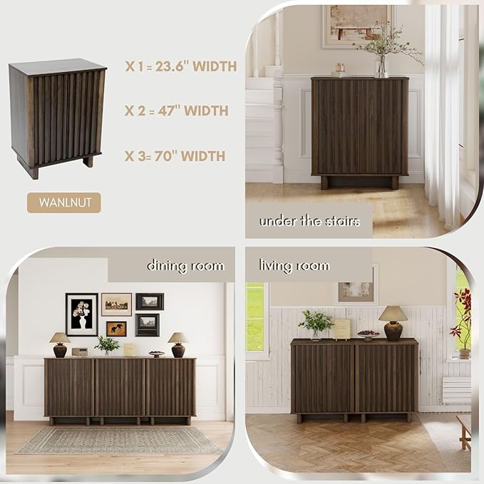 Walnut Storage Cabinet Set, Freestanding Floor Cabinet 23.6” Farmhouse Sideboard with 2 Fluted Doors Wooden Buffet Cabinet Media Console Table Credenza for Living Room Dining Room Hallway, Singe