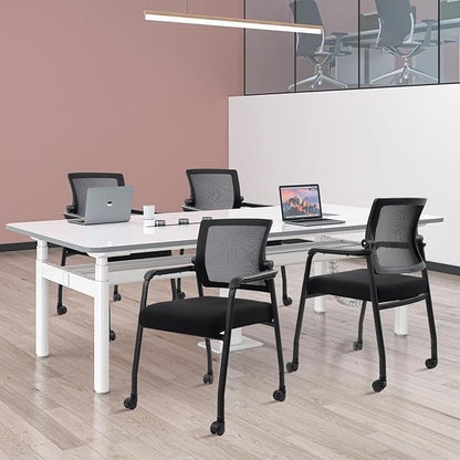 8PK Office Guest Chairs No Wheels | Ergonomic Lumbar Support and Thicked Seats Cushion, Desk Chair with Adjustable Mesh Back for Waiting Room School Church Reception，Black