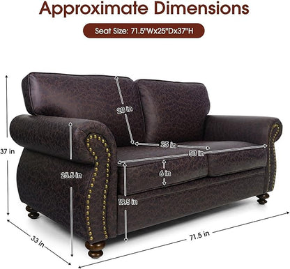 Mid-Century Vintage Sofa Couches with Rivet Design,loveseat Sofa,Removable Sofa Cover Upholstered Cushions and Solid Wood Frame (Brown, Loveseat)
