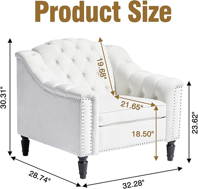 LEVNARY White Velvet Chair for Bedroom, Upholstered Sofa Chair with High Back, Mid-Century Modern Armchair with Solid Wood Legs, Single Couches for Living Room (White)