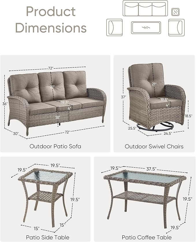 HUMMUH Wicker Patio Furniture Set-All Weather Rattan Patio Sofa Set with Swivel Rocker Chairs Outdoor Conversation Set for Deck Lawn Porch Balcony Poolside-Grey/Grey