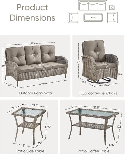 HUMMUH Wicker Patio Furniture Set-All Weather Rattan Patio Sofa Set with Swivel Rocker Chairs Outdoor Conversation Set for Deck Lawn Porch Balcony Poolside-Grey/Grey