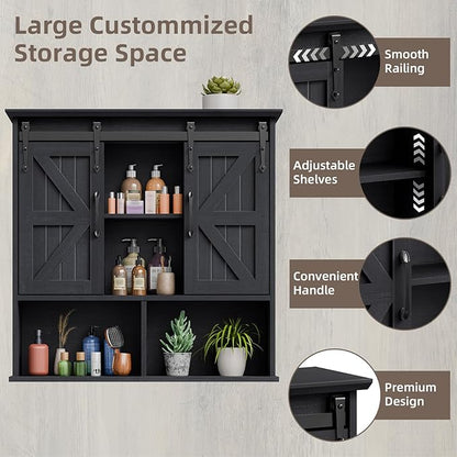Vabches Bathroom Wall Cabinet, Farmhouse Medicine Cabinet with Double Sliding Barn Door and Adjustable Shelves, Wooden Vintage Storage Cabinet Wall Mounted for Bathroom, Kitchen Dining, Black