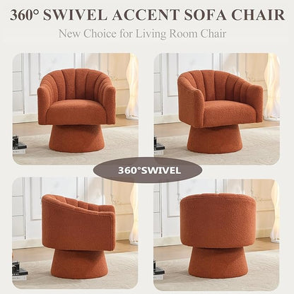 Swivel Accent Chair,Upholstered Teddy 360° Swivel Barrel Chair for Living Room Overstuffed Bouncle Reading Chair Round Armchair for Bedroom,Vanity,Office-Orange