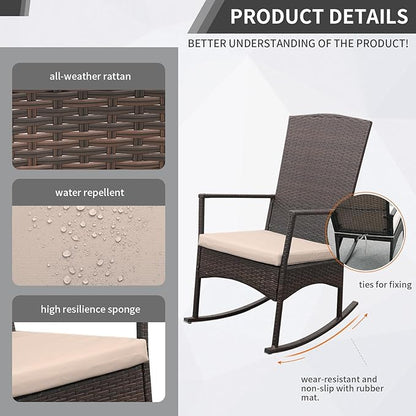 Outdoor Rocking Chair 3 Pieces High-Backed Rocking Chair Patio Rocking Chairs Outdoor Table, Khaki