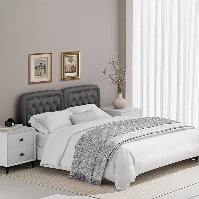 Tufted Upholstered Headboard King Size, Button Adjustable Height King Head Board Only, Sturdy and Durable Solid Wood with Nailhead Trim Headboards, Ideal for Bedroom, Dorm, Guest Room,Gray