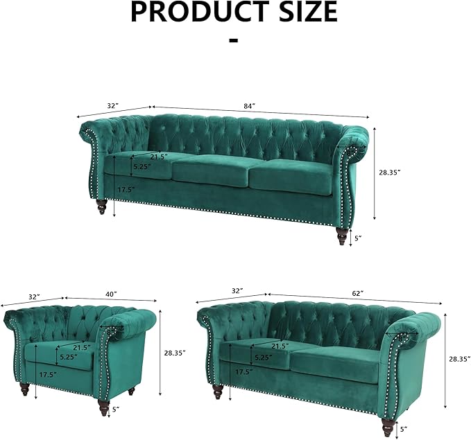 2 Piece Living Room Sofa Set, 3 Seater Velvet Sofa Couch and Chair Set, Mid Century Modern Upholstered Couch with Cushions, Comfy Tufted Chesterfield Couches for Living Room, Bedroom, Office