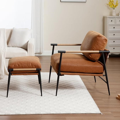 DUOMAY Mid Century Modern Accent Chair with Ottoman Set, PU Brown Upholstered Living Room Chair with Metal Legs Lazy Lounge Chair Set with Footrest for Bedroom Living Room