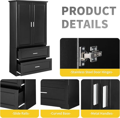 Tall Storage Cabinet, Bathroom Floor Freestanding Storage Cabinet with 2 Doors and 2 Drawers for Bathroom, Office, Living Room, Black