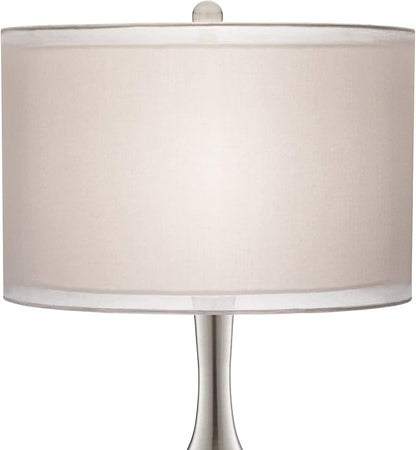 Possini Euro Design Swift Mid Century Modern Table Lamps 30.5" Tall Set of 2 Mercury Glass Chrome Double Sheer Drum Shade Decor Living Room Bedroom House Bedside Nightstand Home Office Entryway