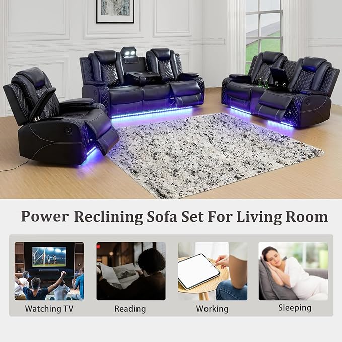 Power Recliner Sofa Set with LED, Black Leather Reclining Living Room Sofa, Muti-Functional Recliner Sofa and Couch with Storage Console/Cup Holders/USB Ports