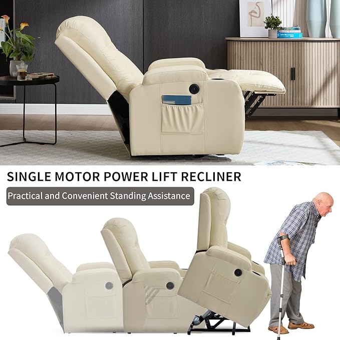 PELUMY Manual Lift Recliner Chair for Elderly with Massage & Heat, Oversized Heavy Duty 350 lbs Recliner with Cup Holders & USB Ports, Infinite Positioning Lift Chair (Breathable Leather, Beige)