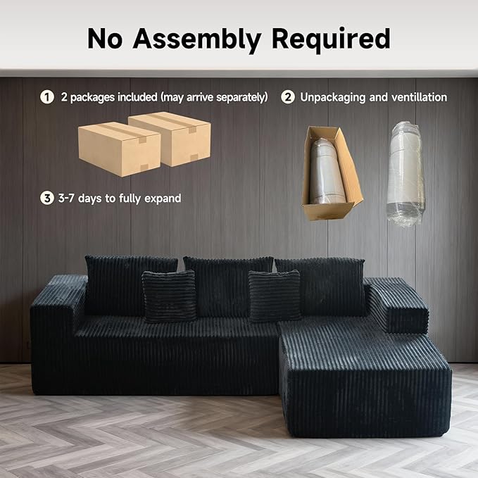 Upgrade 108’’ L Shape Cloud Couch, Plush Corduroy Sectional Sofa with Chaise, Boneless Couches for Living Room Bedroom, No Assembly Required (Black, Right Facing Chaise)