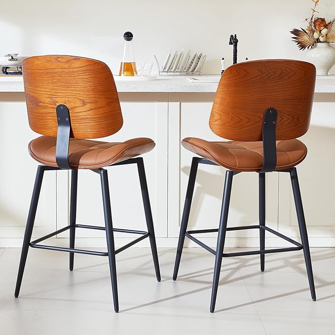 Mid Century Modern Bar Stools Set of 2 for Kitchen Island,Upholstered Brown Faux Leather Counter Height stools,26 Inch Counter stools with Walnut Grain Back