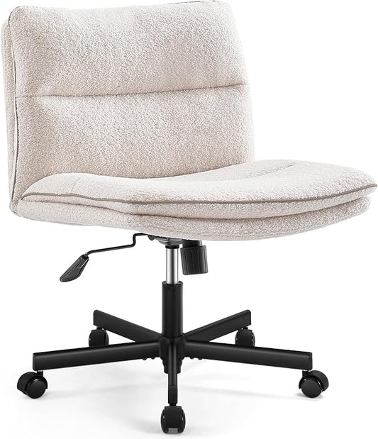 EMIAH Armless Office Desk Chair with Wheels Faux Fur Vanity Mid-Back Ergonomic Home Computer Comfortable Adjustable Swivel Furry Task Chair with Thickened Cushion
