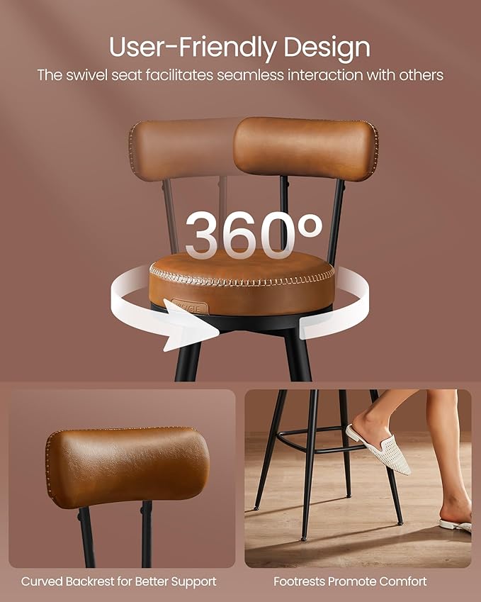VASAGLE EKHO Collection - Bar Stools Set of 2, Swivel Counter Height Bar Stools with Back, Synthetic Leather with Stitching, Mid-Century Modern, 25.6-Inch Tall Barstools for Kitchen Bar, Caramel Brown