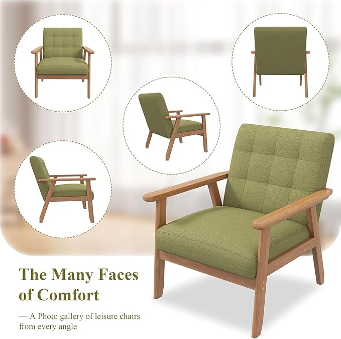 Westice Accent Chair 1PC, Mid-Century Modern Living Room Chairs with Solid Wood Frame & Soft Thicken Cushion, Upholstered Reading Arm Chair for Bedroom, Balcony, Green Linen Fabric & Natural Legs