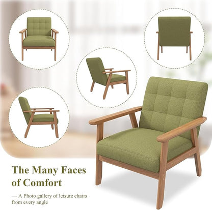 Westice Accent Chairs Set of 2, Mid-Century Living Room Chairs with Solid Wood Frame & Soft Thicken Cushion, Upholstered Arm Reading Chair for Bedroom, Balcony, Green Linen Fabric & Natural Legs