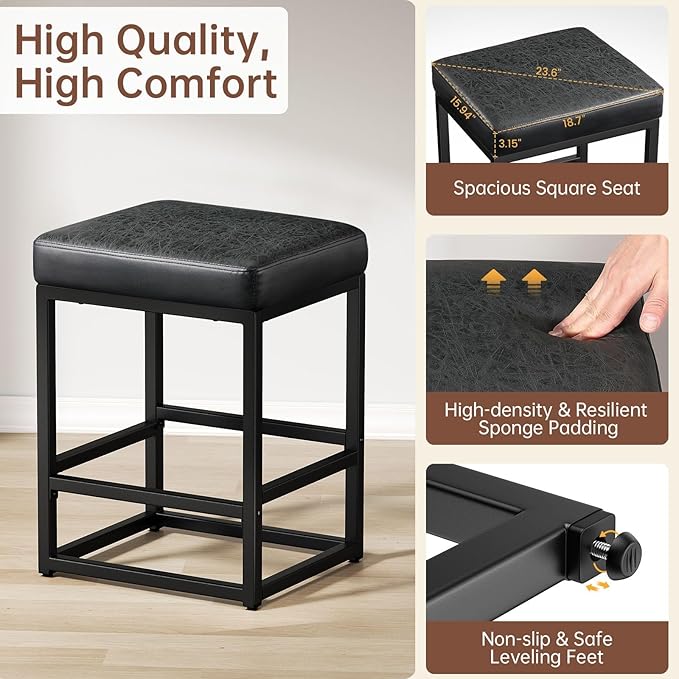 Counter Height Bar Stools Set of 2, 24" Barstools for Kitchen Countertop, Faux Leather Counter Stools with Thick Square Seats & Sturdy Metal Base, Simple Assembly, Black