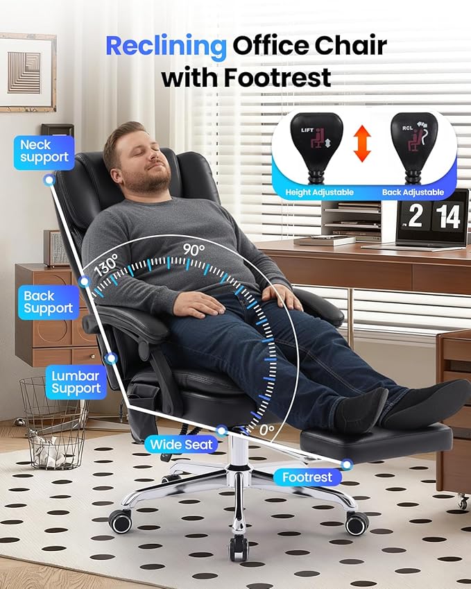 Big and Tall Office Chair 300lbs with 3D Kneading Massage Lumbar Support, Office Chairs for Back Pain Relief, Ergonomic Comfort 130° Reclining Desk Chairs Managerial Chairs for Heavy People
