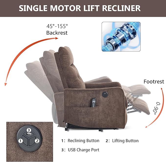 PELUMY Manual Lift Recliner Chair with Massage and Heat for Elderly, Single Motor Electric Lift Chair, Heavy Duty Recliner with USB Charging & Side Pockets (Chenille, Brown)