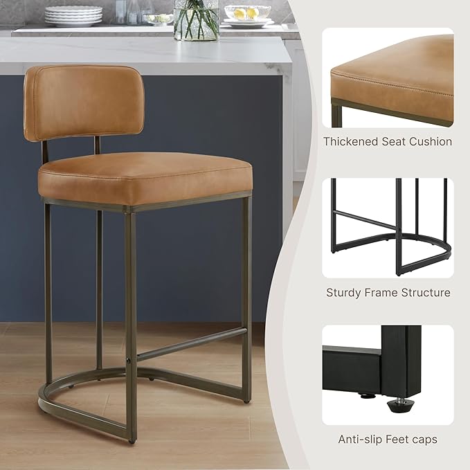 26" H Counter Height Bar Stools Set of 3, Modern Faux Leather Upholstered Barstools with Backrest for Kitchen Island, Gold Metal Frames, Brown