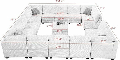 Wanderwell Oversized Modular Sectional Sofa, 16-Seater U Shaped Couches with Movable Ottoman,Corduroy Sectional Couch with Wide and Deep Seats Suitable for Living Room,Bedroom,Apartment (Grey, U-16)
